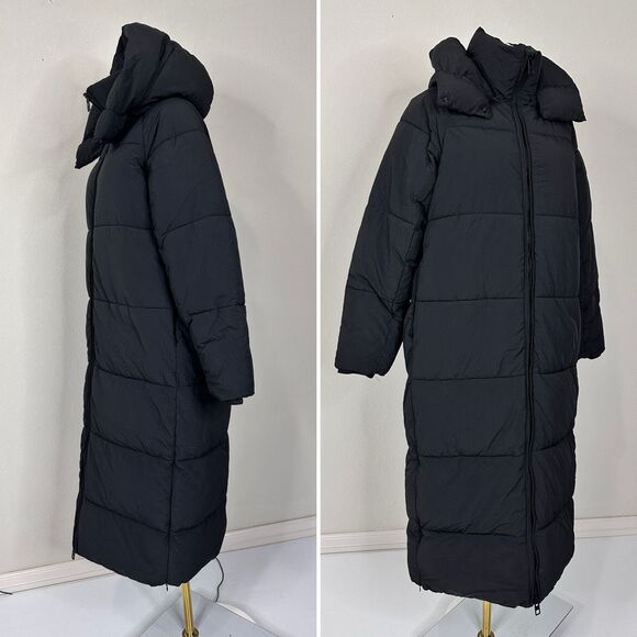 ZARA TRF Extra Long Black Puffer Coat Hooded Maxi Down Jacket S Water Repellent - Picture 6 of 16